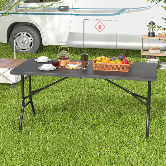5FT Folding Picnic Table, Wood Grain HDPE Tabletop, Non-Slip Foot Pads, Black Patio Dining Tables Black at Gallery Canada