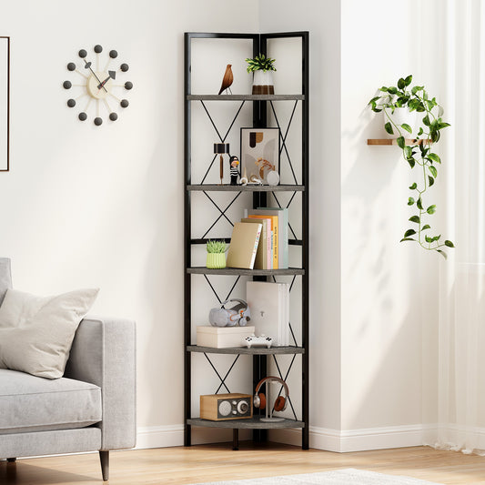 5-Tier Corner Shelf, 63 Inch Tall, Oak Storage Rack Bookcases Oak at Gallery Canada