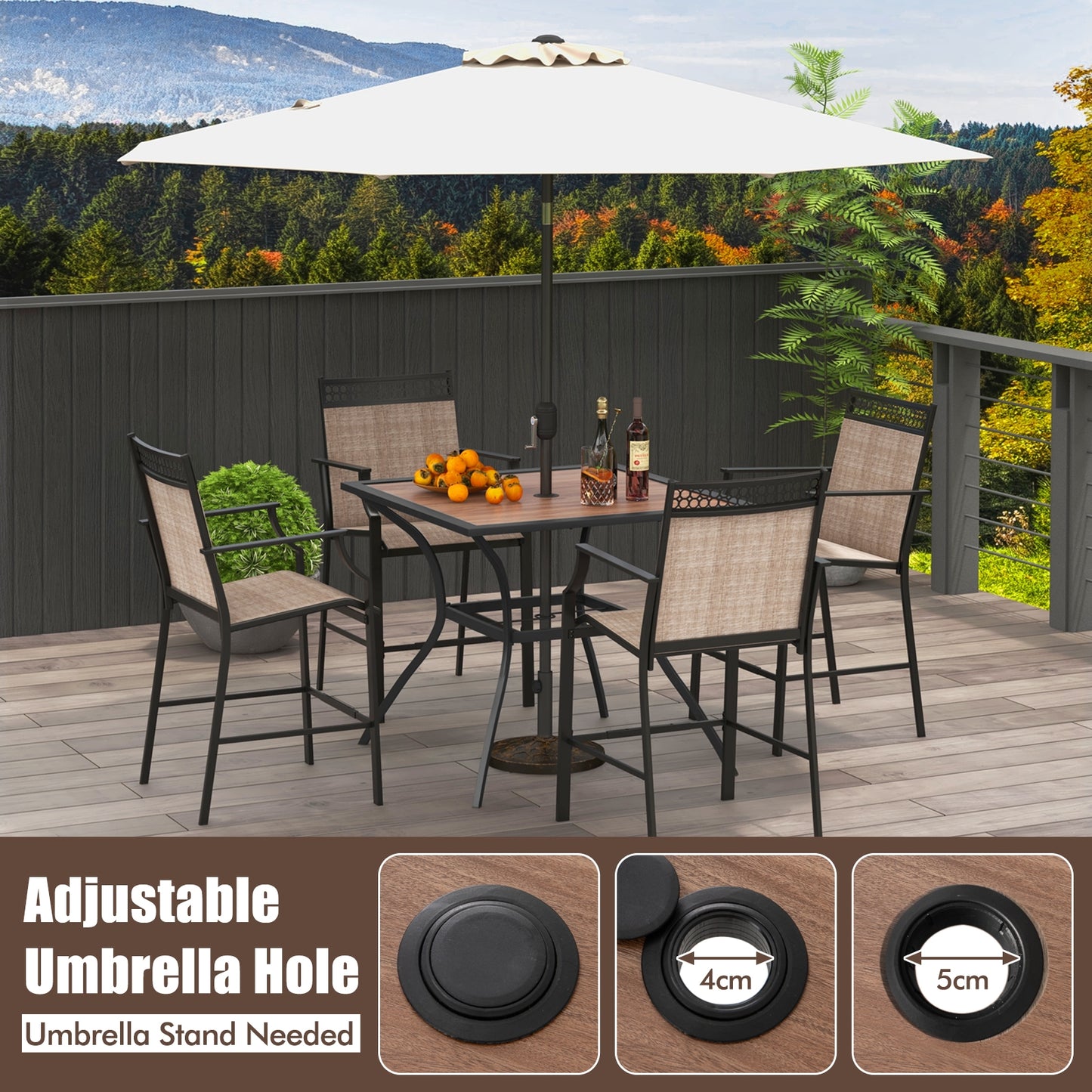 Table de salle à manger de patio carrée pour 4 personnes, avec trou pour parasol, noir marron