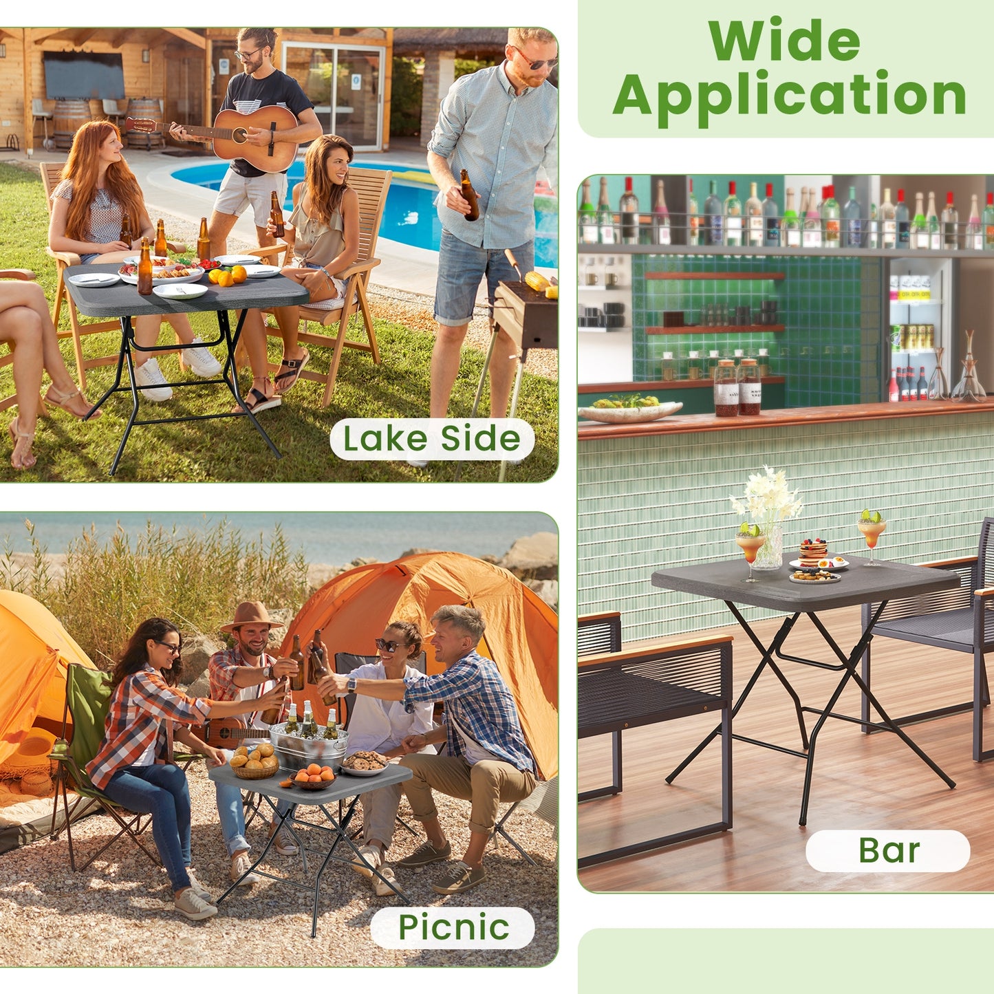 2.6FT Foldable Dining Table, Wood Grain HDPE Tabletop, Non-Slip Foot Pads, Black Patio Dining Tables at Gallery Canada