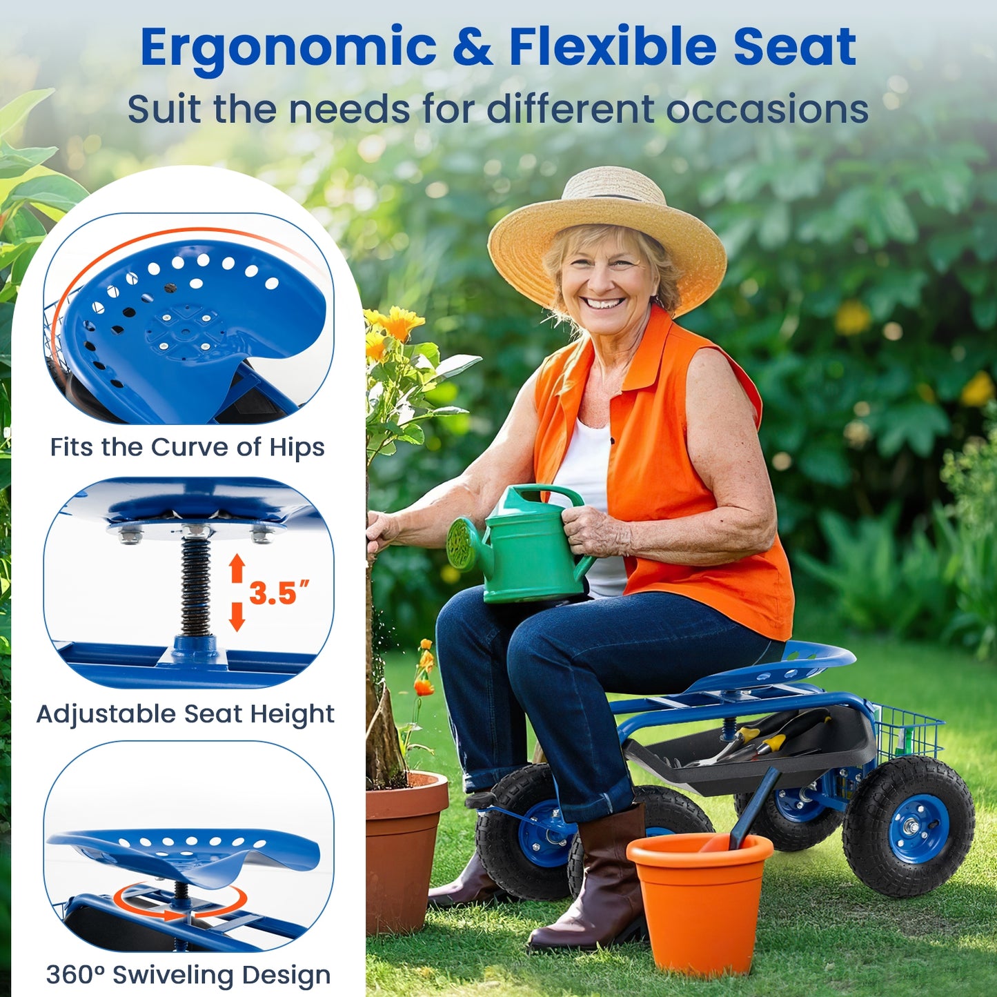 4-Wheel Rolling Garden Cart Work Seat, Blue Garden Carts at Gallery Canada