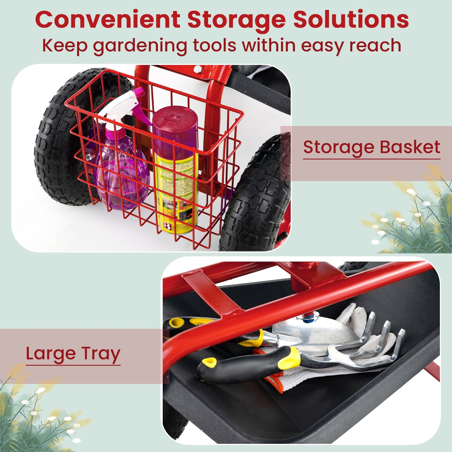 4-Wheel Rolling Garden Cart Work Seat, Red Garden Carts at Gallery Canada