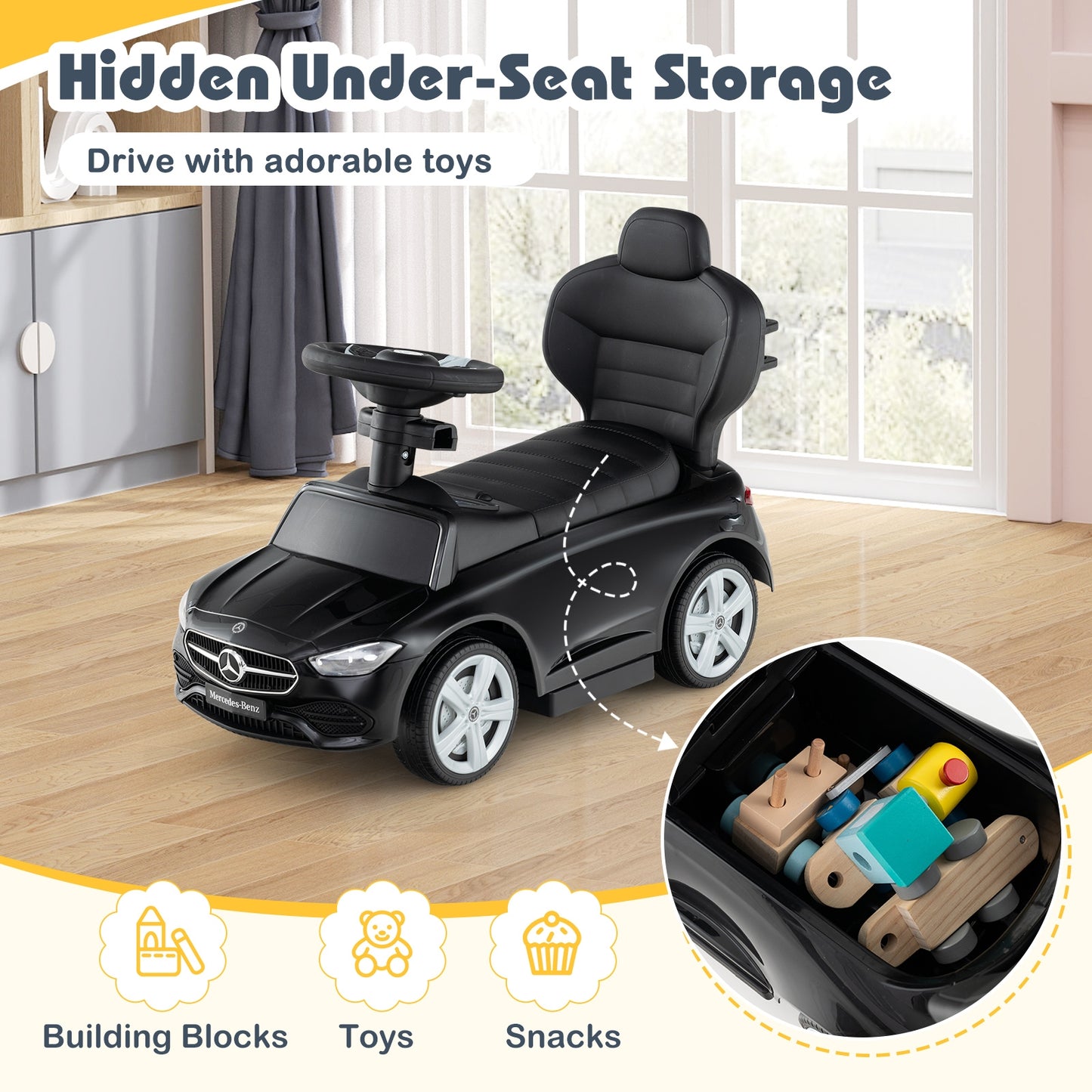 3-in-1 Ride on Push Car Mercedes-Benz Licensed Sliding Car with Canopy, Black Push & Pedal Ride On Toys at Gallery Canada