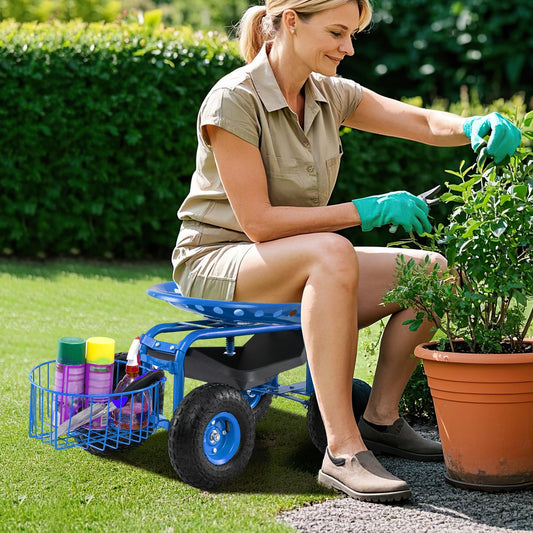Heavy Duty Garden Cart With Tool Tray, 360 Swivel Seat, Blue Garden Carts Blue at Gallery Canada