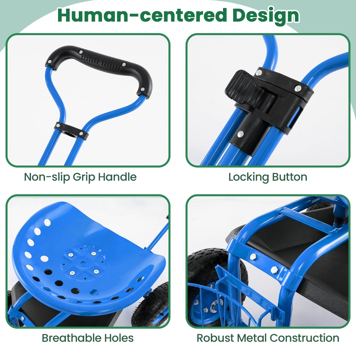 Heavy Duty Garden Cart with Tool Tray and 360 Swivel Seat, Blue Garden Carts at Gallery Canada