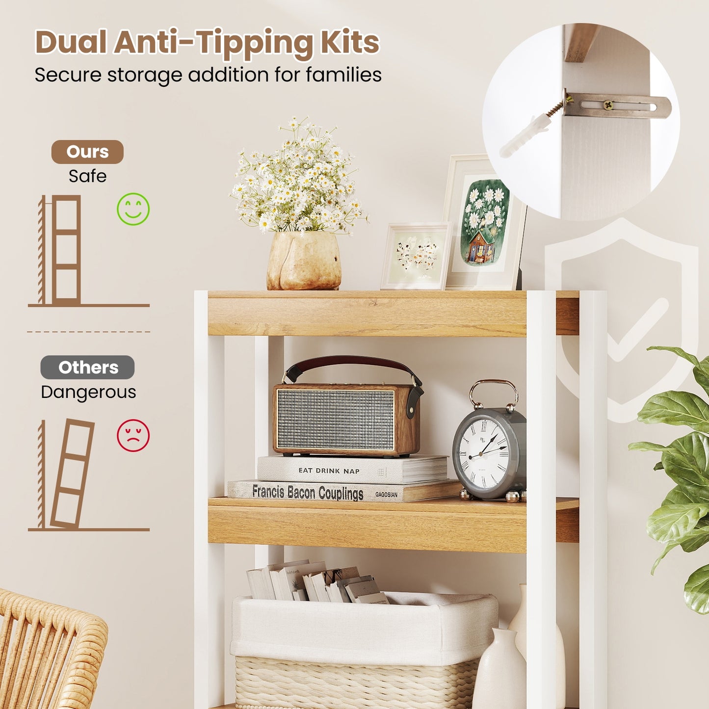 4 Tier Bookshelf Wooden Bookcase with Dual Anti-Tipping Kits, Natural Bookcases at Gallery Canada