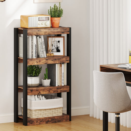 4 Tier Bookshelf Wooden Bookcase with Dual Anti-Tipping Kits, Rustic Brown Bookcases Rustic Brown at Gallery Canada