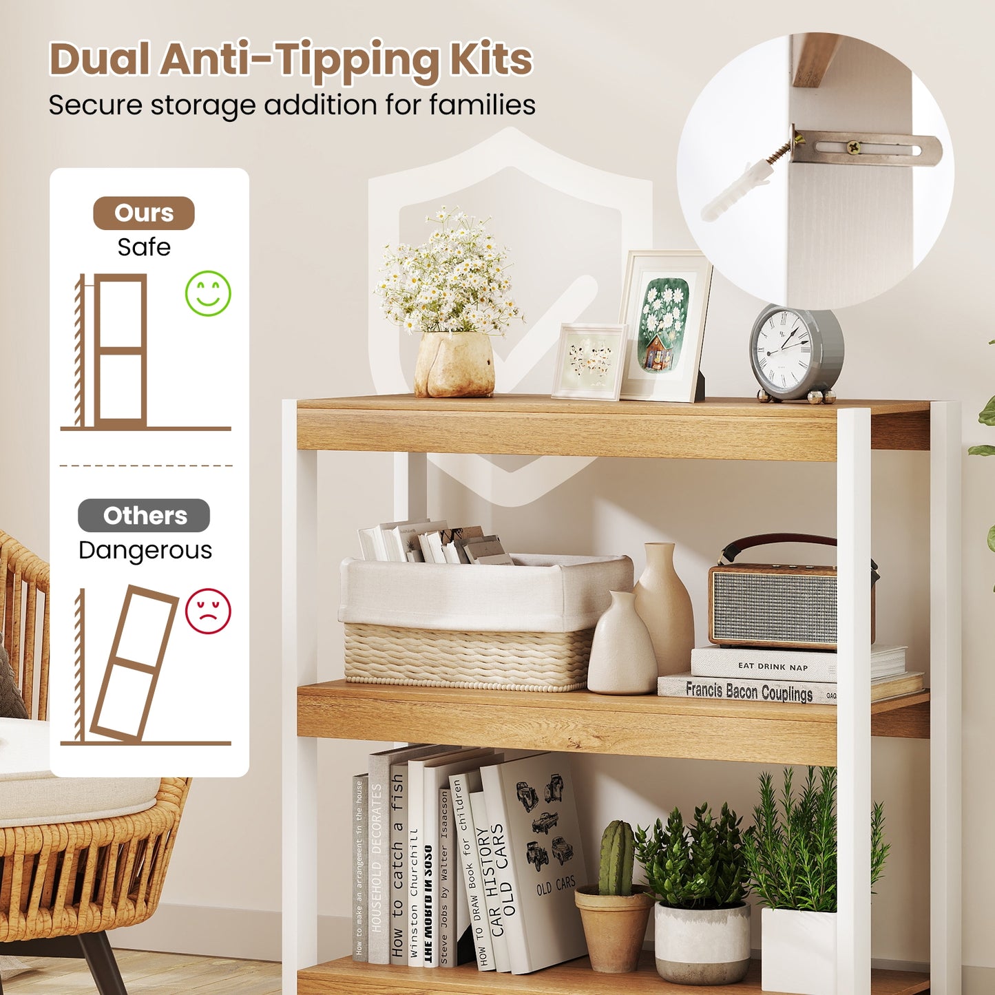 3 Tier Wooden Bookshelf, Dual Anti-Tipping Kits, Natural Bookcases at Gallery Canada