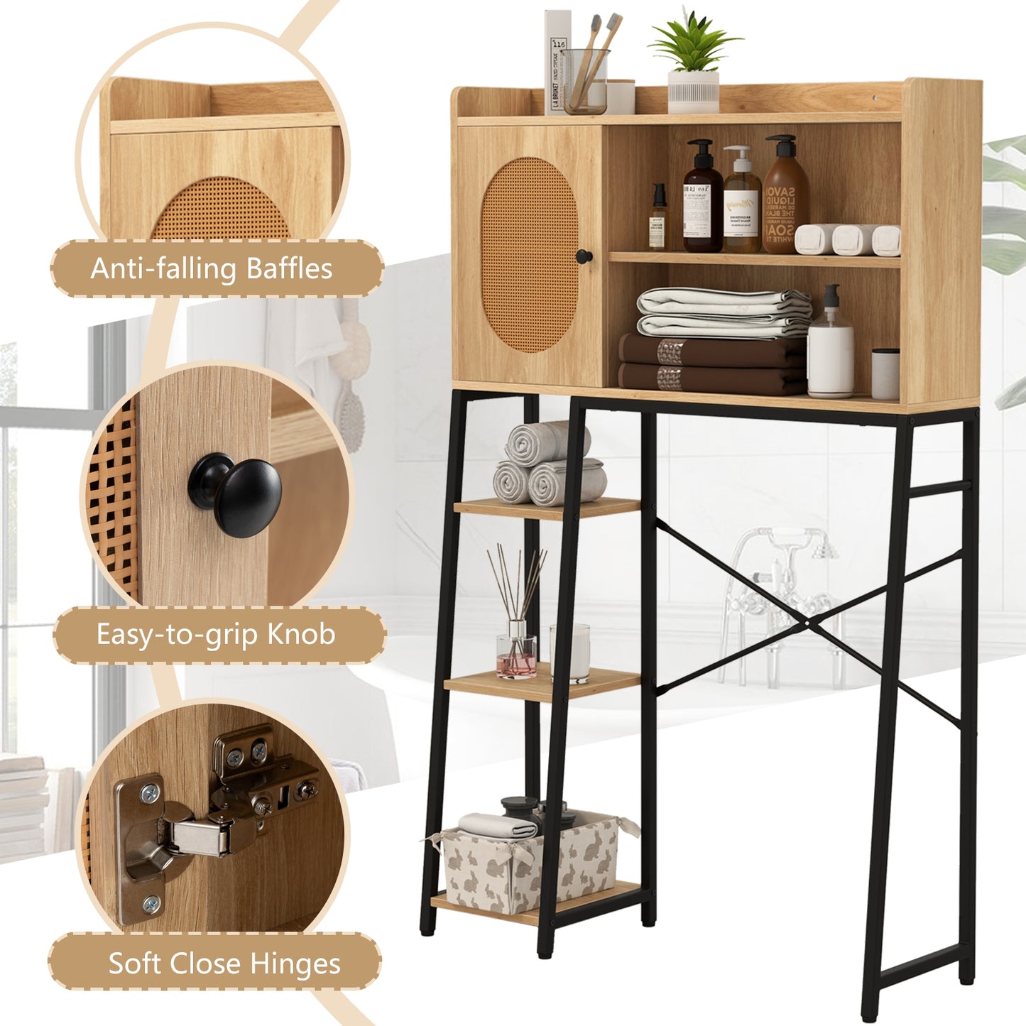 Over The Toilet Storage Cabinet, PE Rattan Door, Open Shelves, Natural Floor Cabinets at Gallery Canada