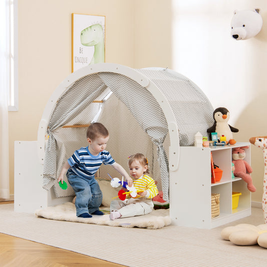 Wooden Kids Play Tent With Curtain Shades, 8 Cubbies, White Play Tents & Playhouse White at Gallery Canada