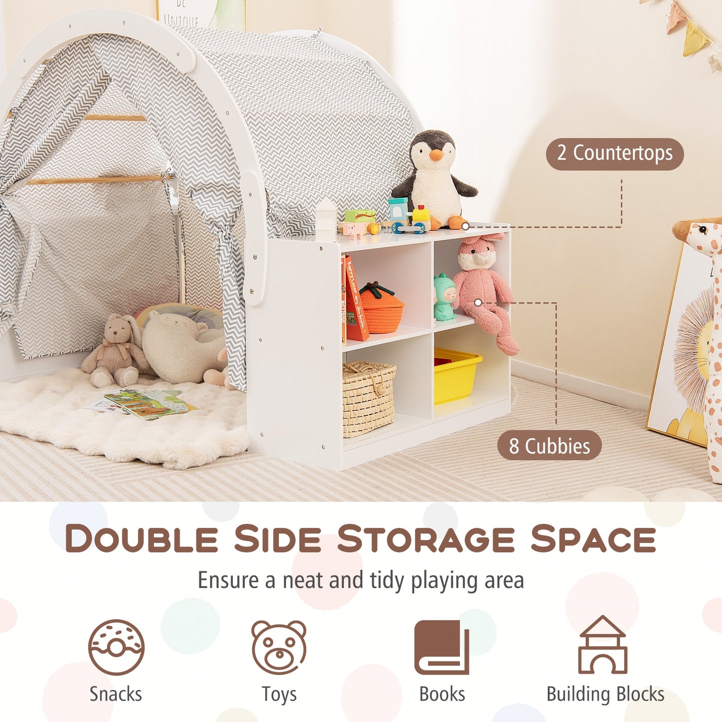 Wooden Kids Play Tent With Curtain Shades, 8 Cubbies, White