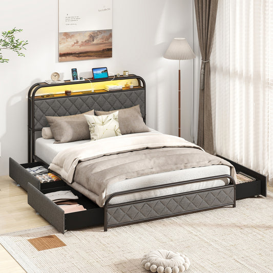Full Size Bed Frame With LED Lights, Charging Station, Black Trundle Bed Frame Black at Gallery Canada