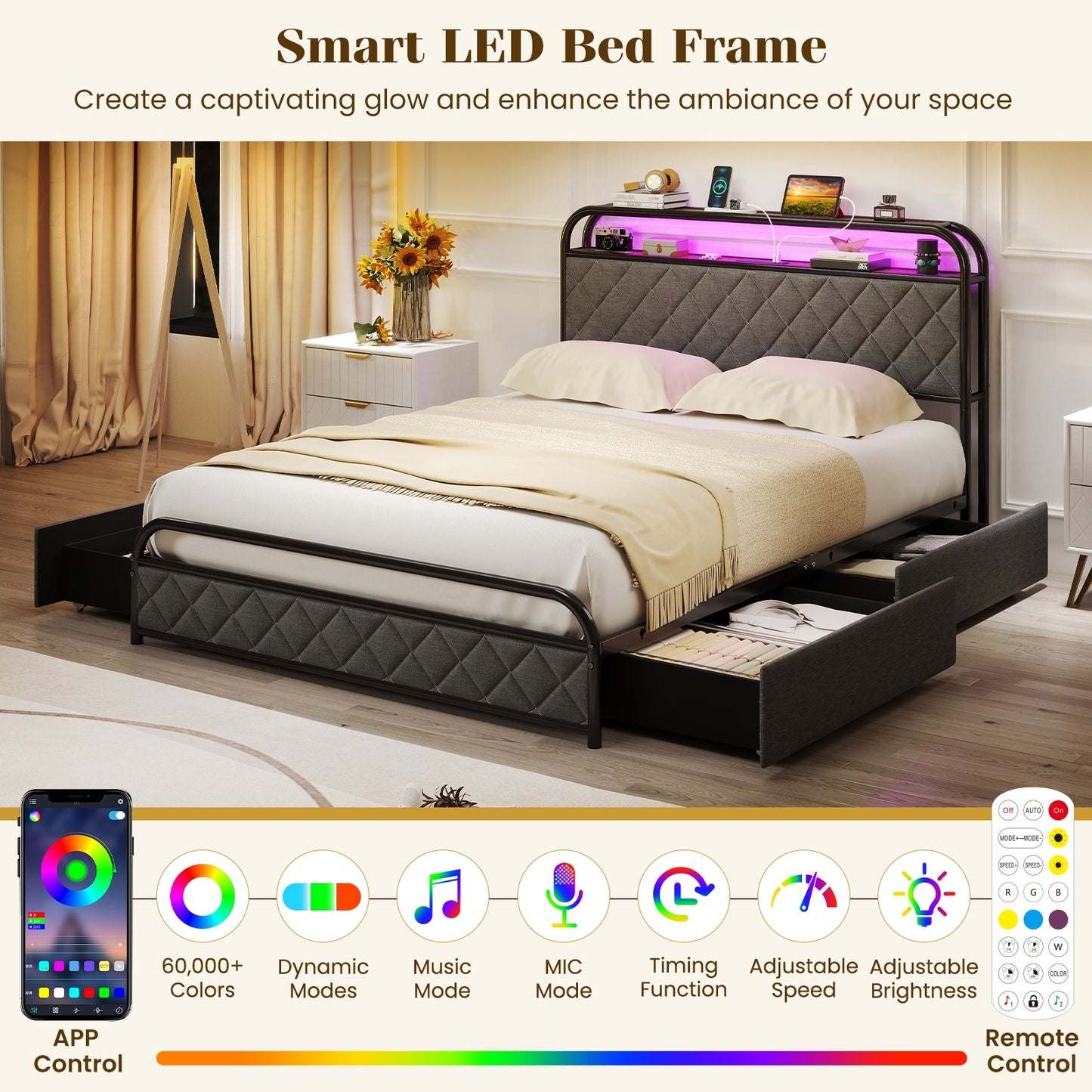 Full Size Bed Frame With LED Lights, Charging Station, Black Trundle Bed Frame at Gallery Canada