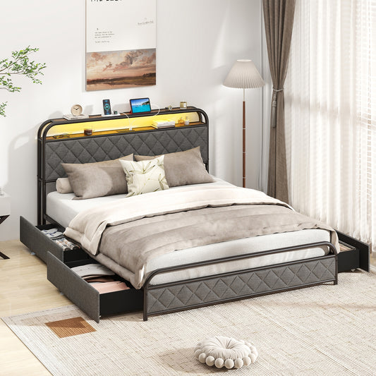 Twin/Full/Queen Size Bed Frame with LED Lights and Charging Station-Queen Size, Black Trundle Bed Frame Black - Queen at Gallery Canada