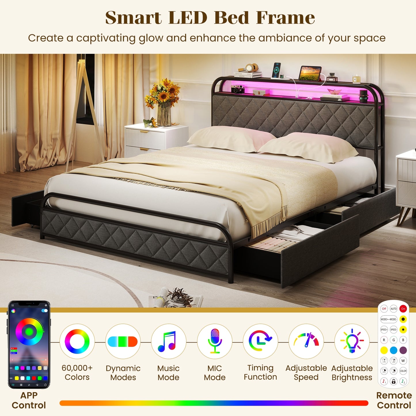 Queen Size Bed Frame With LED Lights, Charging Station, Black Trundle Bed Frame at Gallery Canada