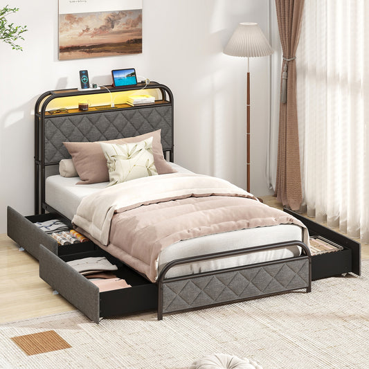 Twin Size Bed Frame With LED Lights, Charging Station, Black Trundle Bed Frame Black at Gallery Canada