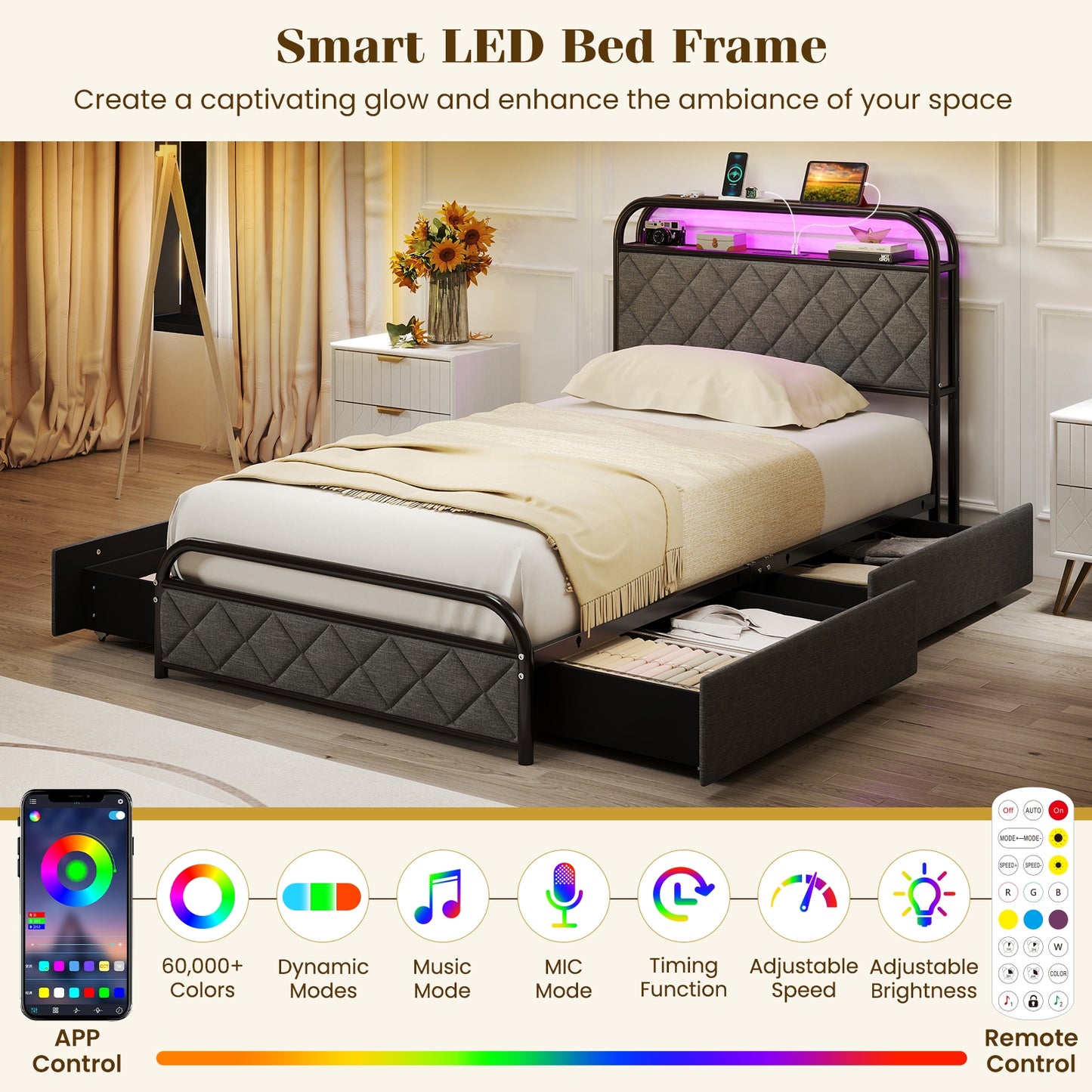 Twin Size Bed Frame With LED Lights, Charging Station, Black Trundle Bed Frame at Gallery Canada