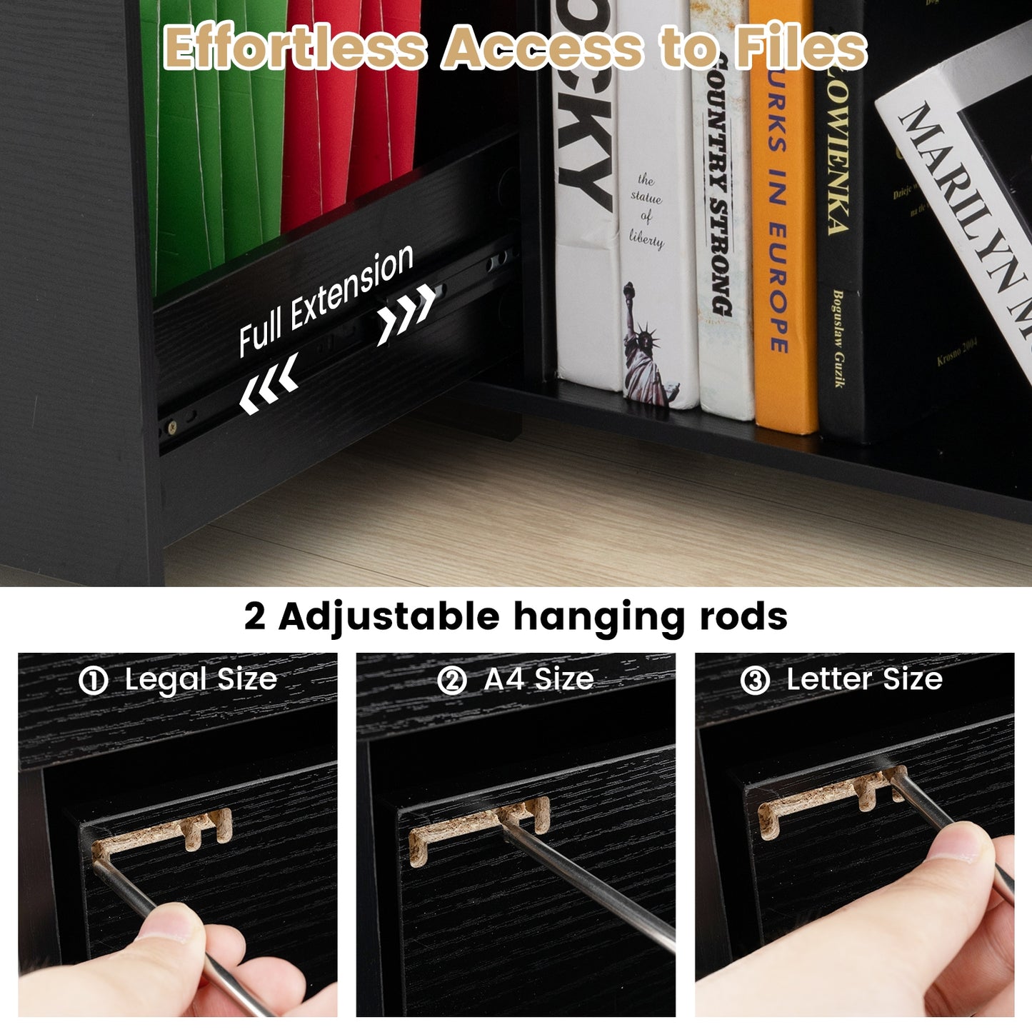 Armoire de classement 3 tiroirs, Étagère réglable, Roulettes, Format lettre, Noir