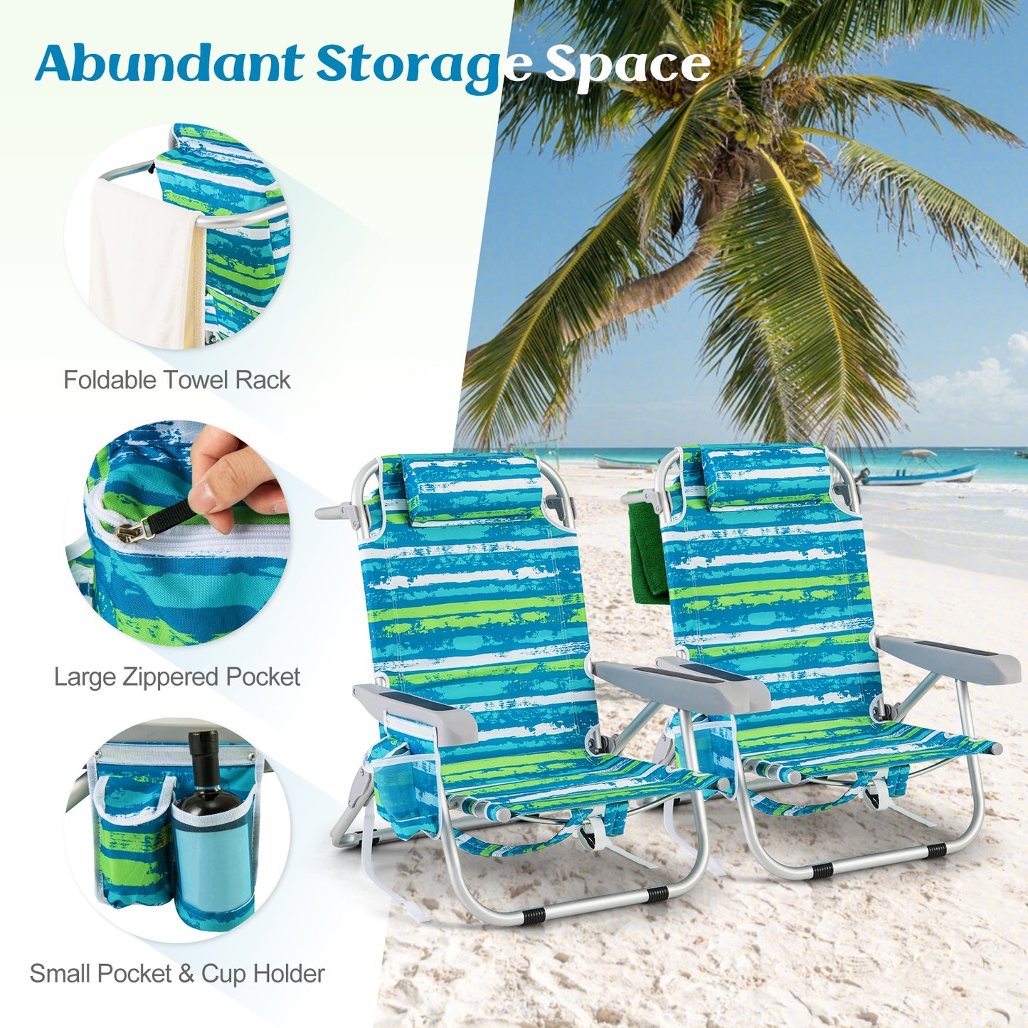 Foldable Beach Chair, Set of 2, Cup Holder, Storage Pockets, Green Beach & Lawn Chairs at Gallery Canada