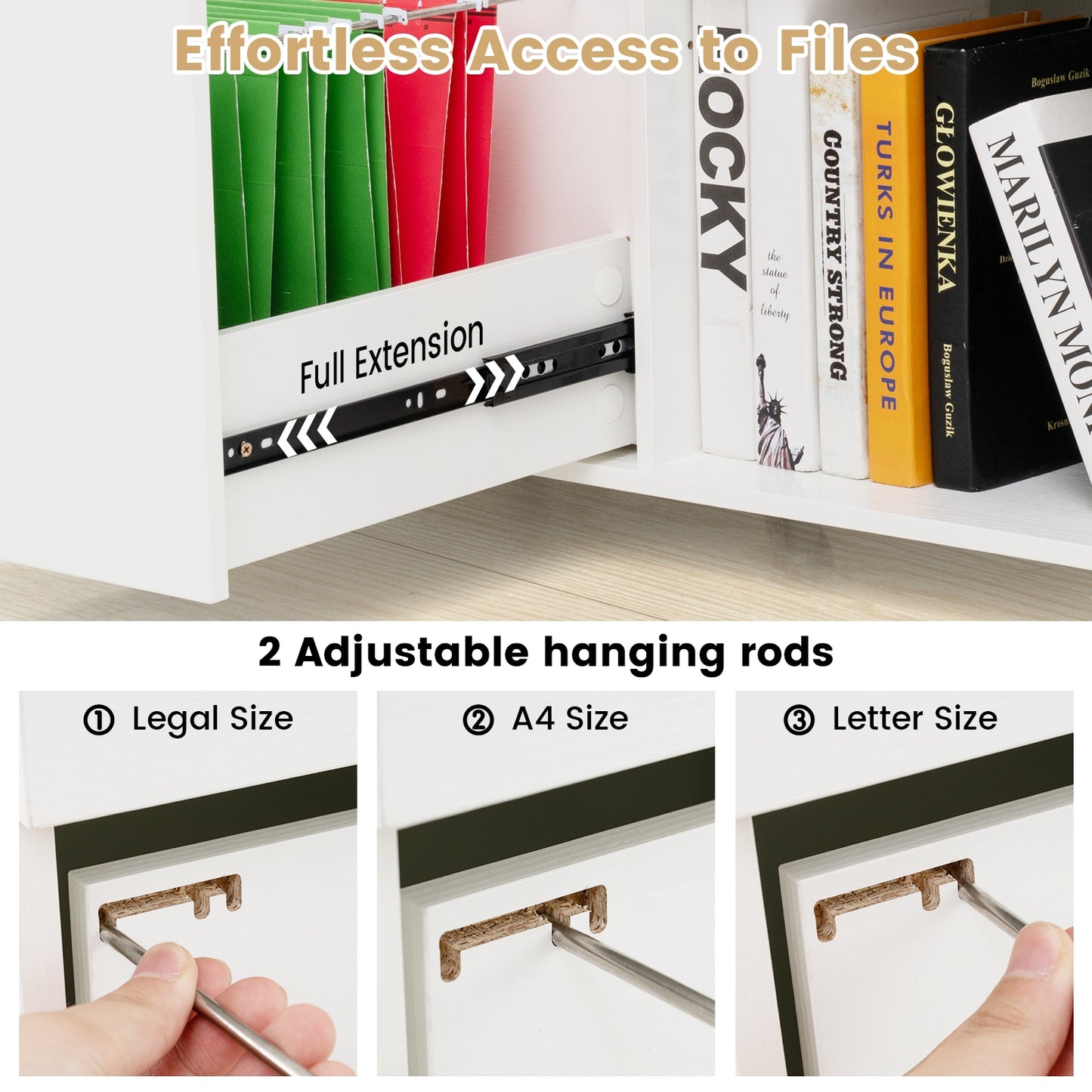 Armoire de classement à 3 tiroirs, étagère réglable, roulettes, format lettre, blanc