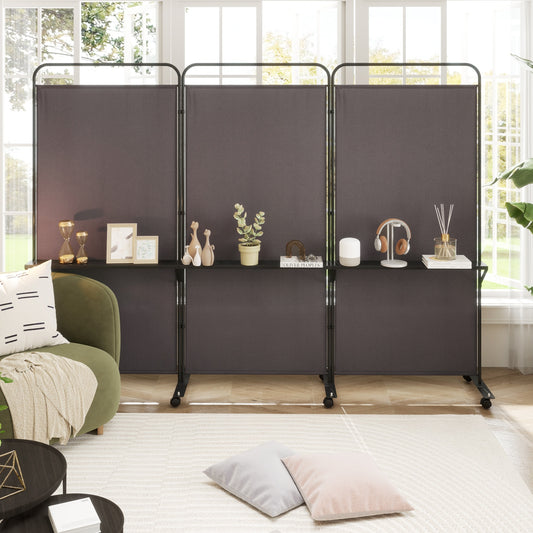 3-Panel Folding Room Divider, 3 Metal Shelves, Lockable Wheels, Brown Room Dividers Brown at Gallery Canada
