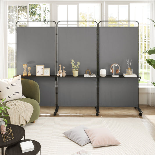 3-Panel Folding Room Divider with 3 Metal Shelves and Lockable Wheels, Gray Room Dividers Gray at Gallery Canada