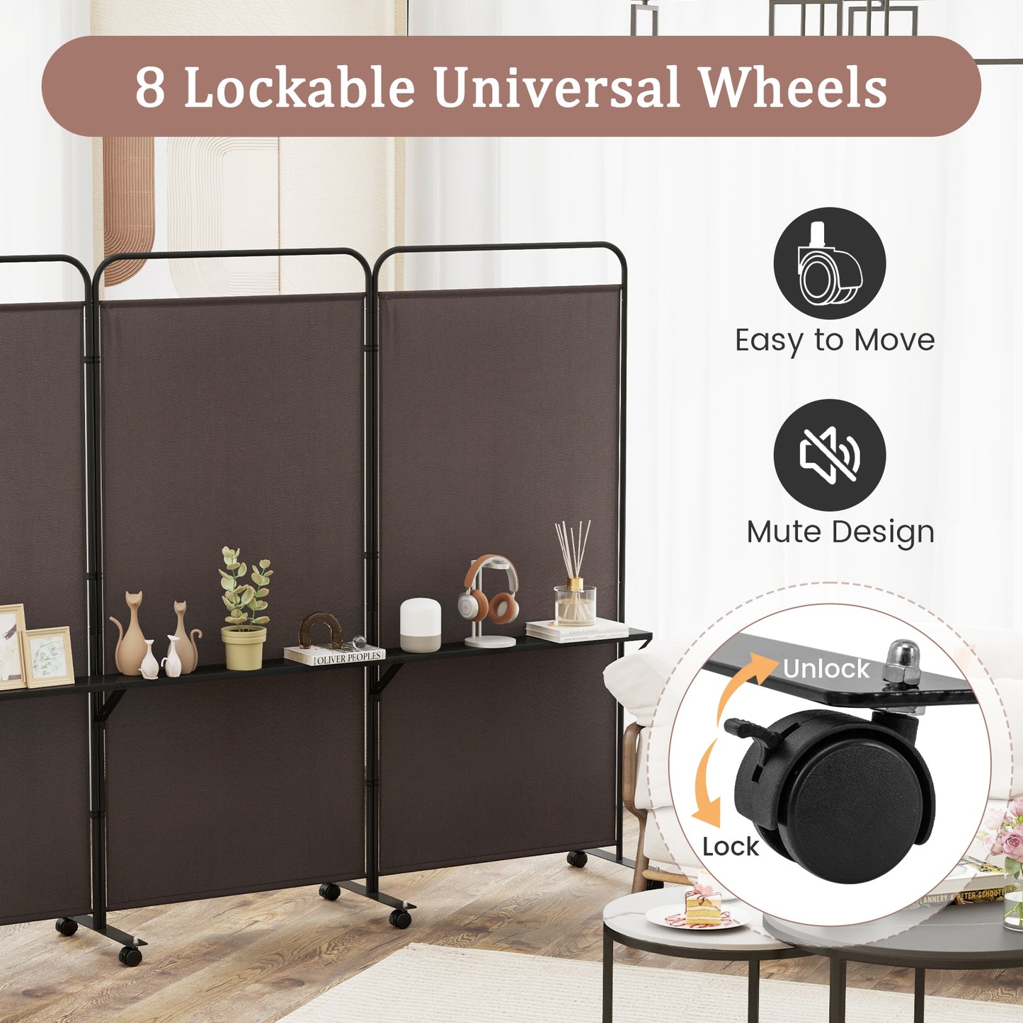 3-Panel Folding Room Divider, 3 Metal Shelves, Lockable Wheels, Brown