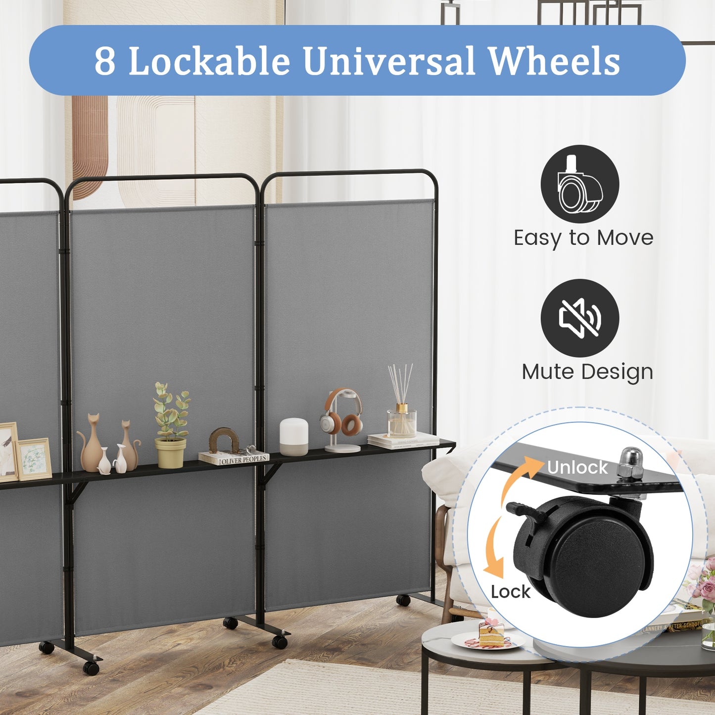 3-Panel Folding Room Divider, 3 Metal Shelves, Lockable Wheels, Gray