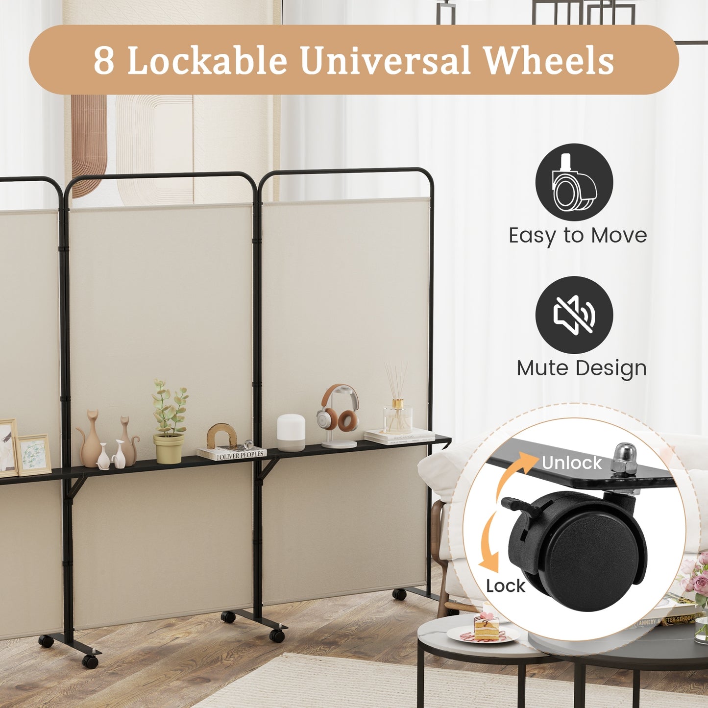 3-Panel Folding Room Divider, 3 Metal Shelves, Lockable Wheels, Beige Room Dividers at Gallery Canada