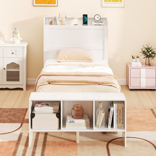 Twin Size Bed Frame With USB Ports, Storage Headboard, Lights, White Simple Bed Frame White at Gallery Canada