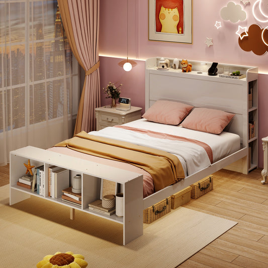 Full Size Bed Frame, 2 USB Ports, Storage Headboard, Lights, White Simple Bed Frame White at Gallery Canada