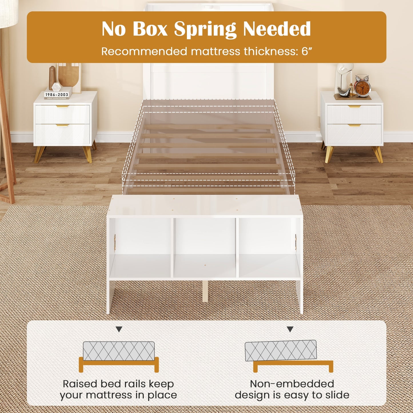 Twin Size Bed Frame with 2 USB Ports with Storage Headboard and Lights-Twin Size, White Simple Bed Frame at Gallery Canada