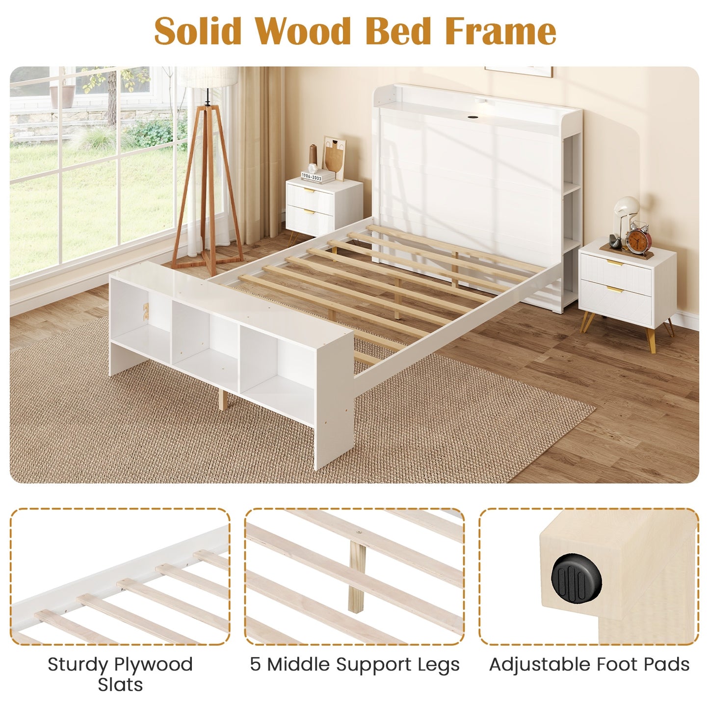 Full Size Bed Frame, 2 USB Ports, Storage Headboard, Lights, White Simple Bed Frame at Gallery Canada