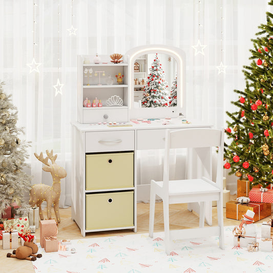 Kids Vanity Set with Lighted Mirror Makeup Desk and Chair Set with Drawers, White Kids Vanities White at Gallery Canada