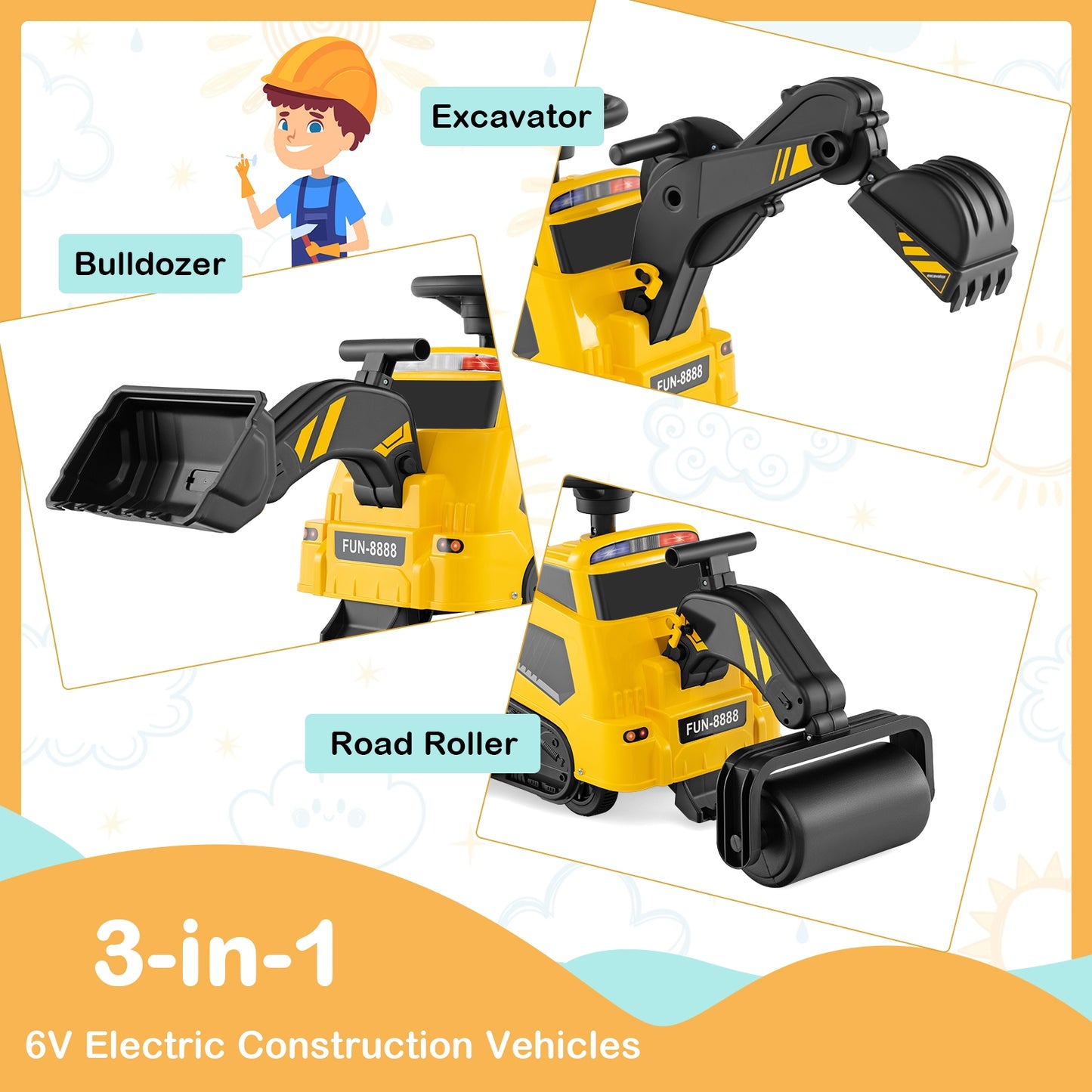 6V Ride on Tractor 3-in-1 Electric Excavator with Adjustable Arms and Music, Yellow Powered Ride On Toys at Gallery Canada