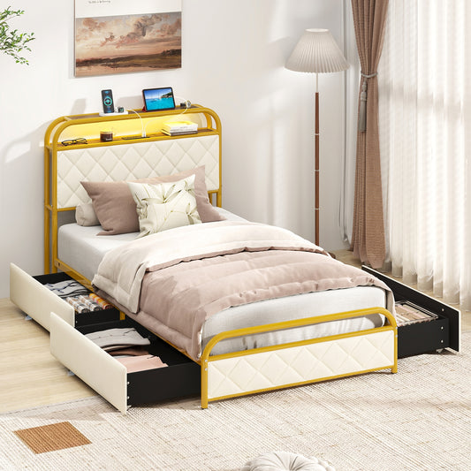 Twin Size Bed Frame With LED Lights, Charging Station, Golden