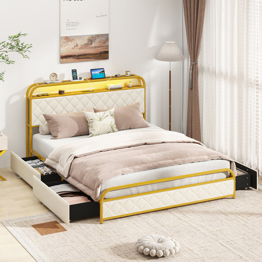 Queen Size Bed Frame With LED Lights, Charging Station, Golden Trundle Bed Frame Golden at Gallery Canada