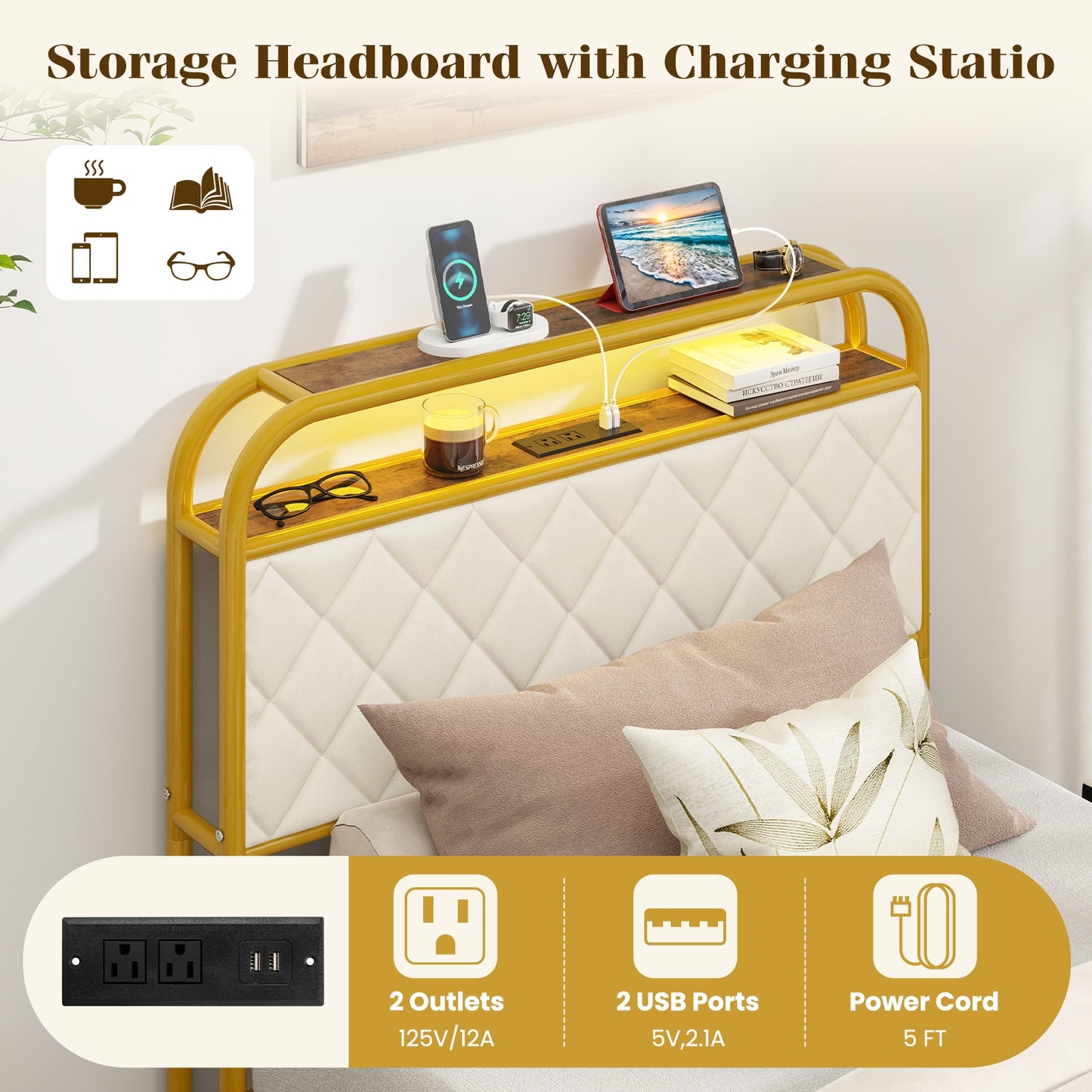 Twin Size Bed Frame With LED Lights, Charging Station, Golden Trundle Bed Frame at Gallery Canada