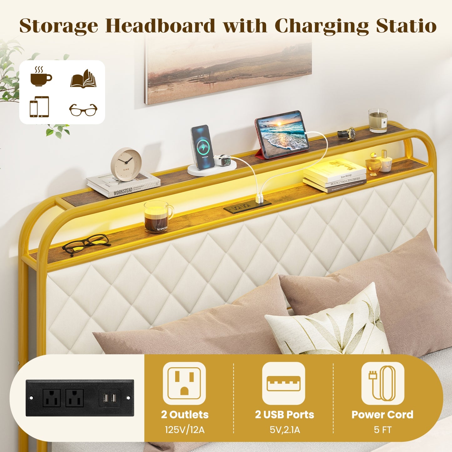 Queen Size Bed Frame With LED Lights, Charging Station, Golden Trundle Bed Frame at Gallery Canada
