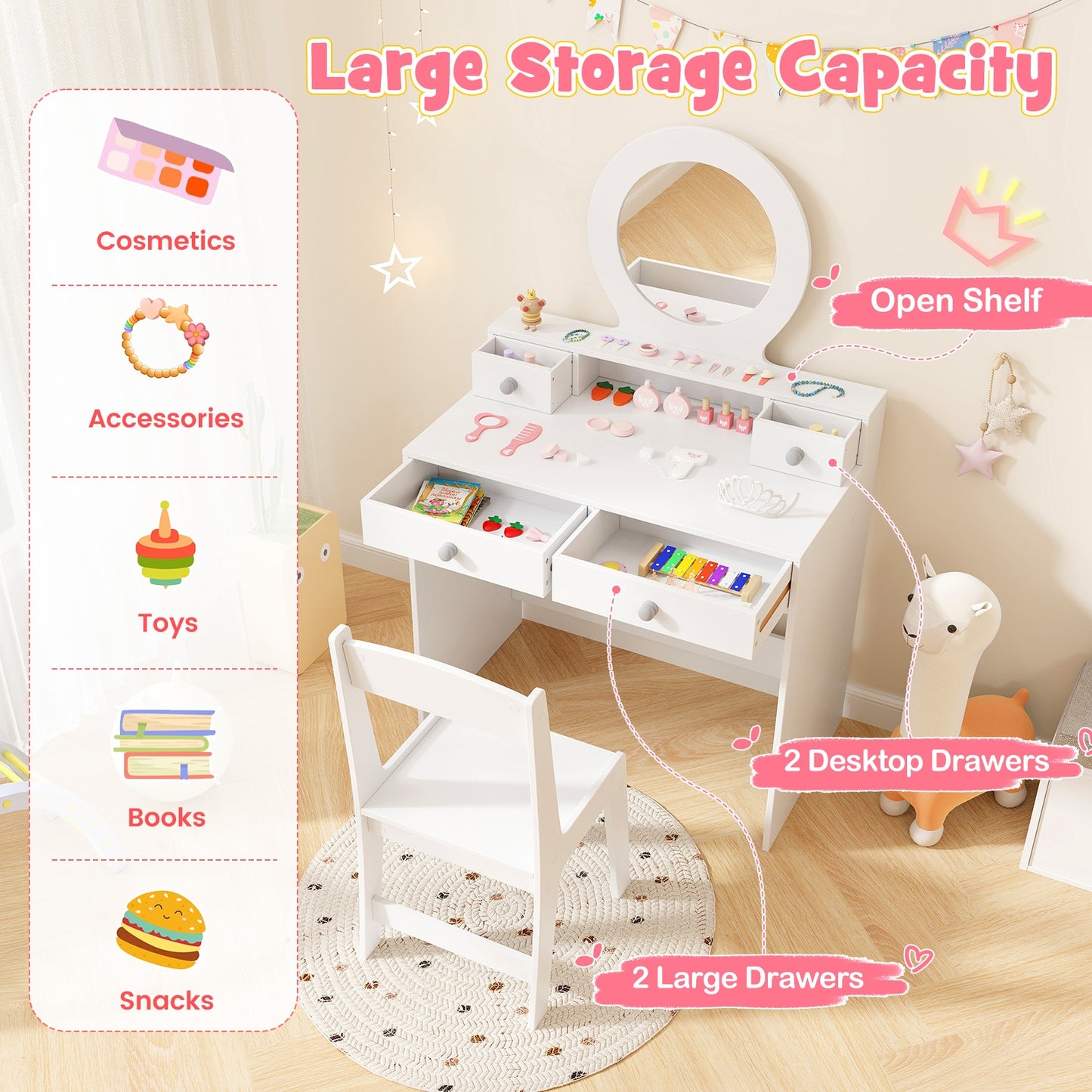 Kids Vanity Set With Mirror, Princess Makeup Dressing Desk And Chair, White Kids Vanities at Gallery Canada