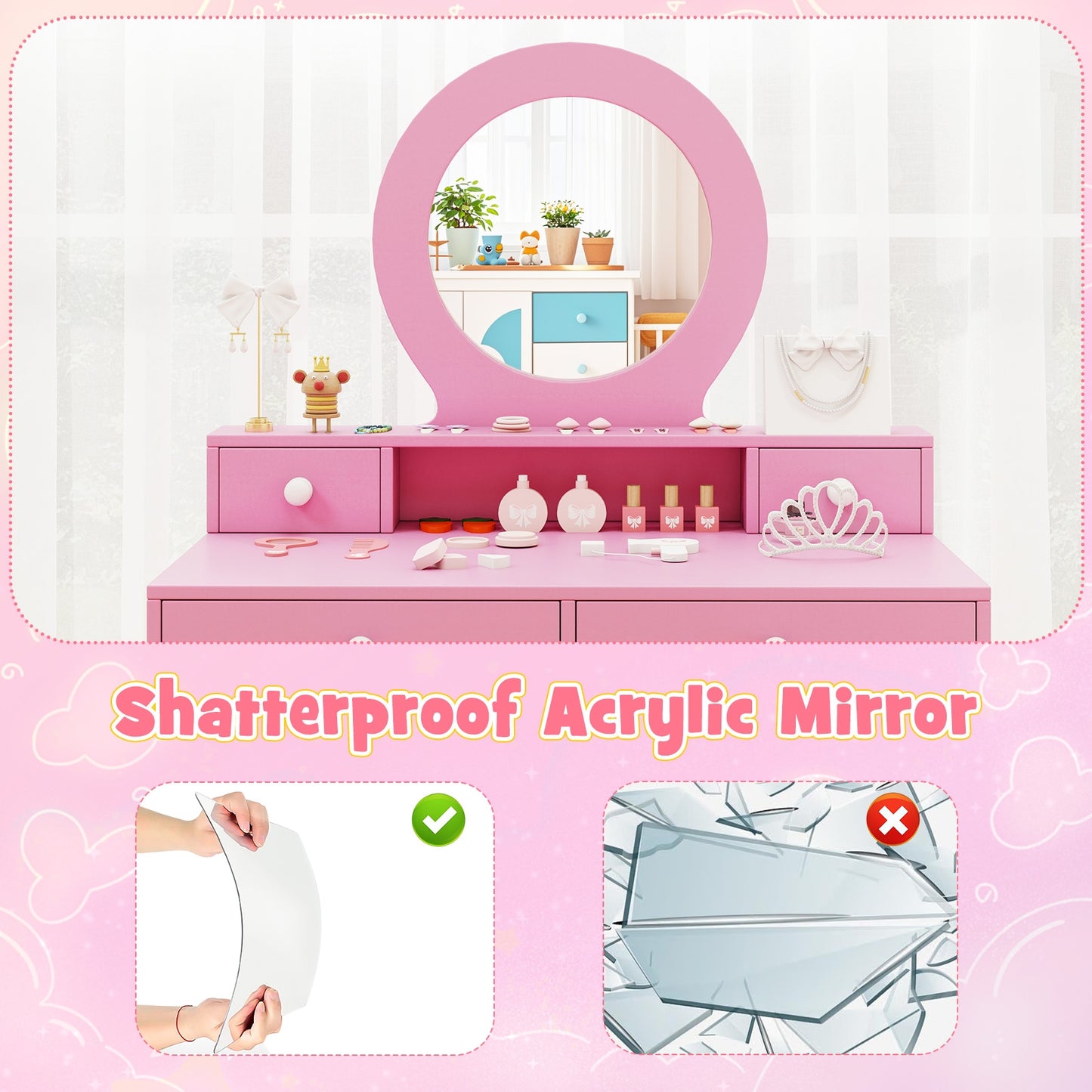 Kids Vanity Set With Mirror, Princess Makeup Dressing Desk And Chair, Pink Kids Vanities at Gallery Canada