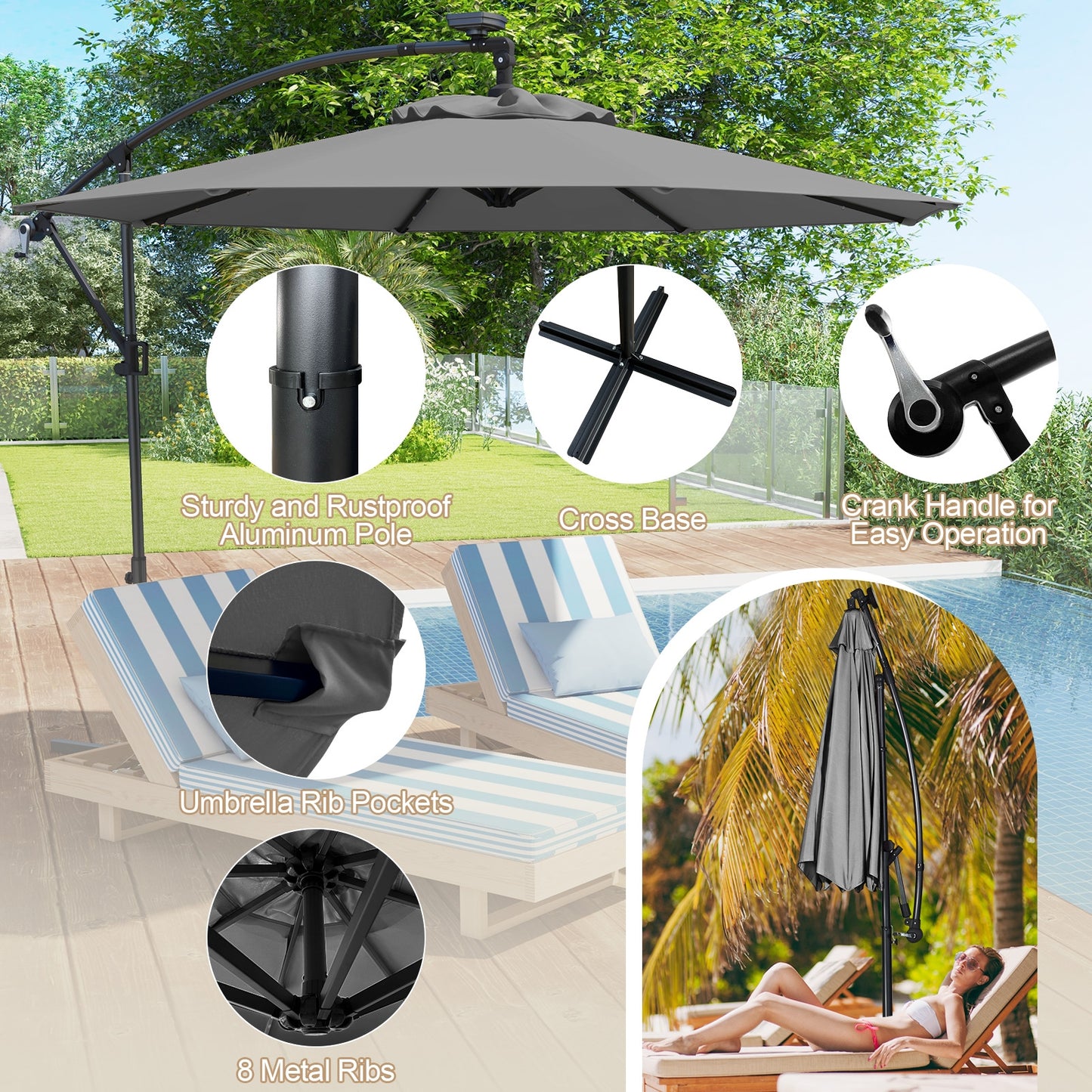 10 Feet Solar Powered LED Patio Umbrella, 360° Rotation, Gray Outdoor Umbrellas at Gallery Canada