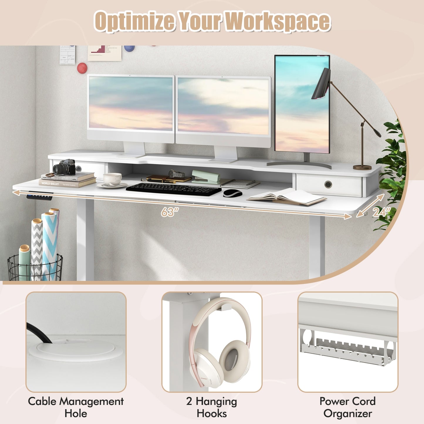63 Inch x 24 Inch Electric Standing Desk With 2 Drawers, White Standing Desks at Gallery Canada