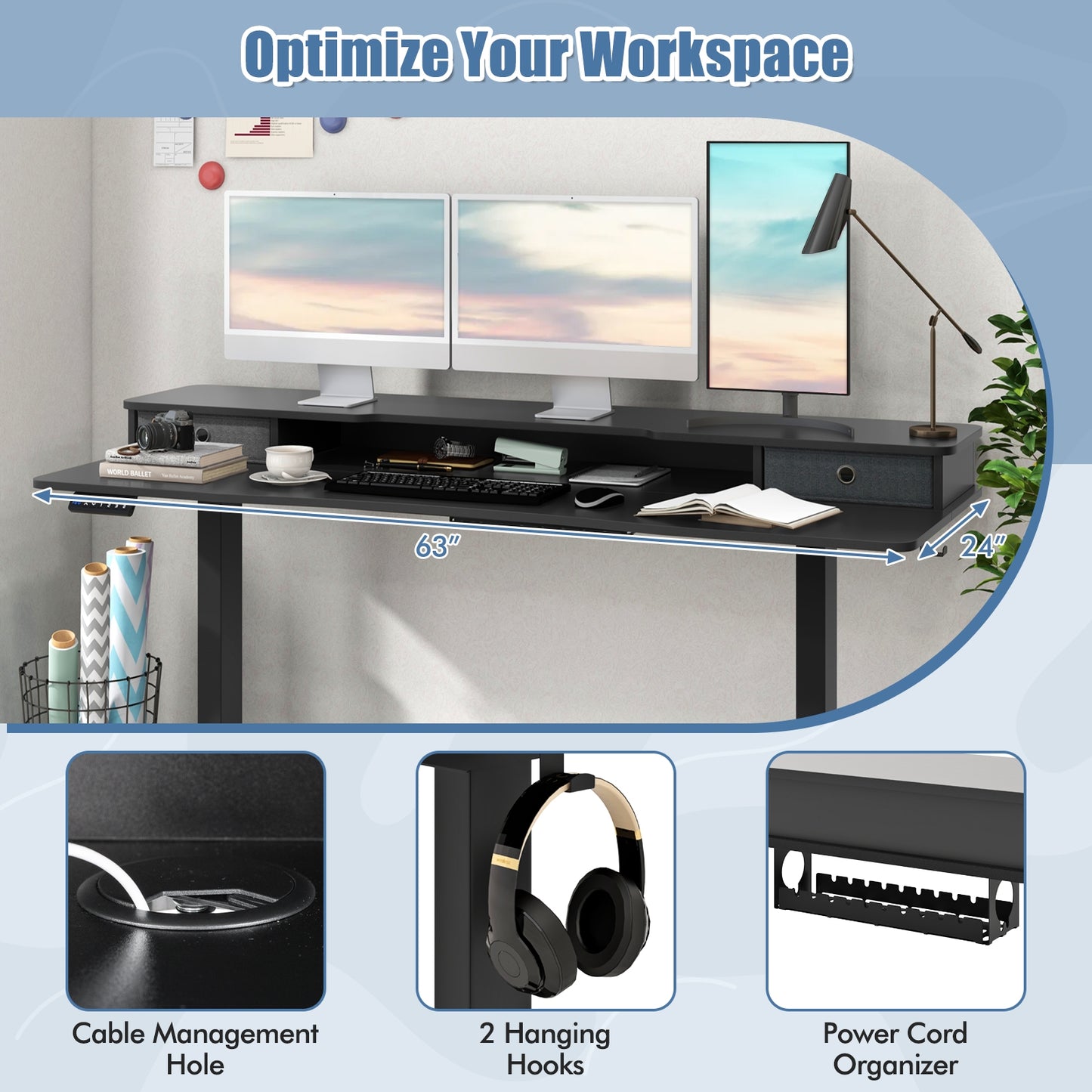 63 Inch x 24 Inch Electric Standing Desk, 2 Drawers, Black Standing Desks at Gallery Canada