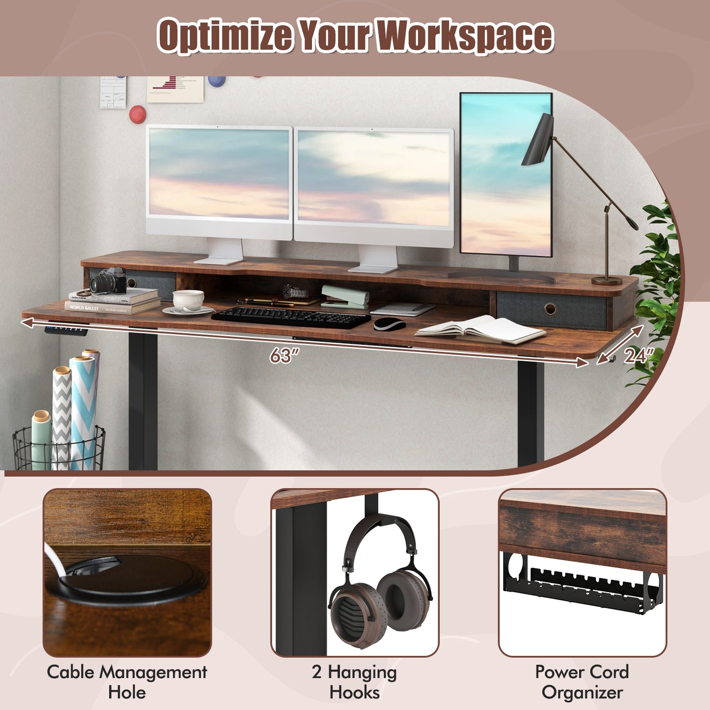 63 Inch x 24 Inch Electric Standing Desk, 2 Drawers, Rustic Brown Standing Desks at Gallery Canada