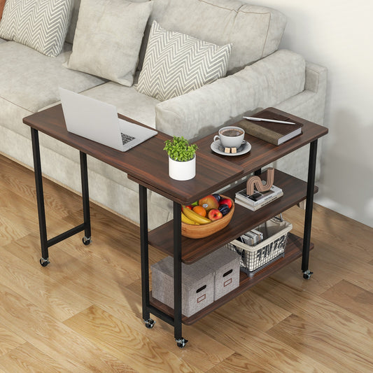 360° Rotating Sofa Side Table, 2-Tier Storage Shelves, Walnut L-Shaped Desks Walnut at Gallery Canada