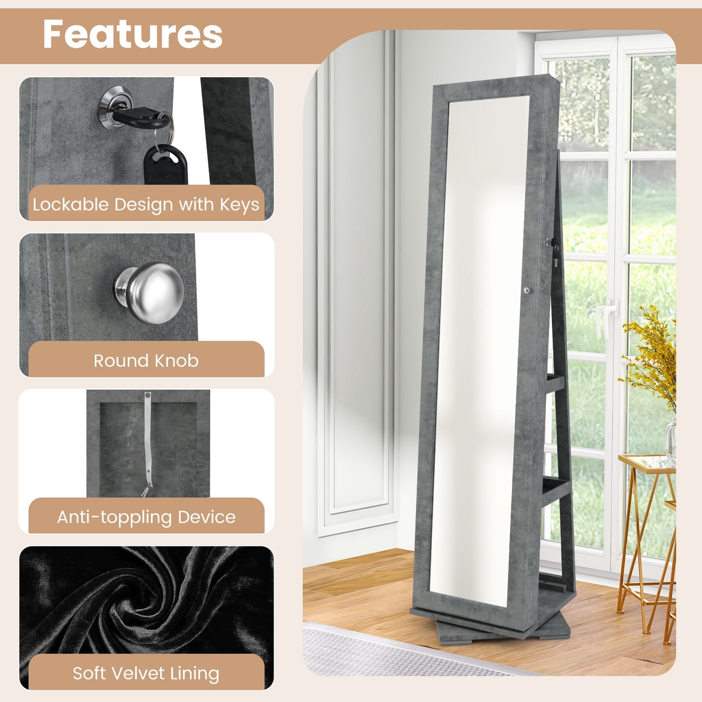360° Rotatable 2-in-1 Lockable Jewelry Cabinet, Full-Length Mirror, Green Jewelry Armoires at Gallery Canada