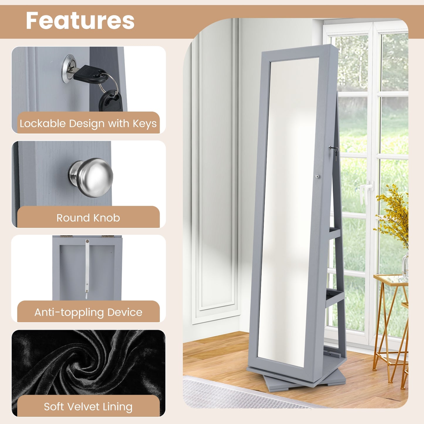 360° Rotatable 2-in-1 Lockable Jewelry Cabinet with Full-Length Mirror, Gray Jewelry Armoires at Gallery Canada