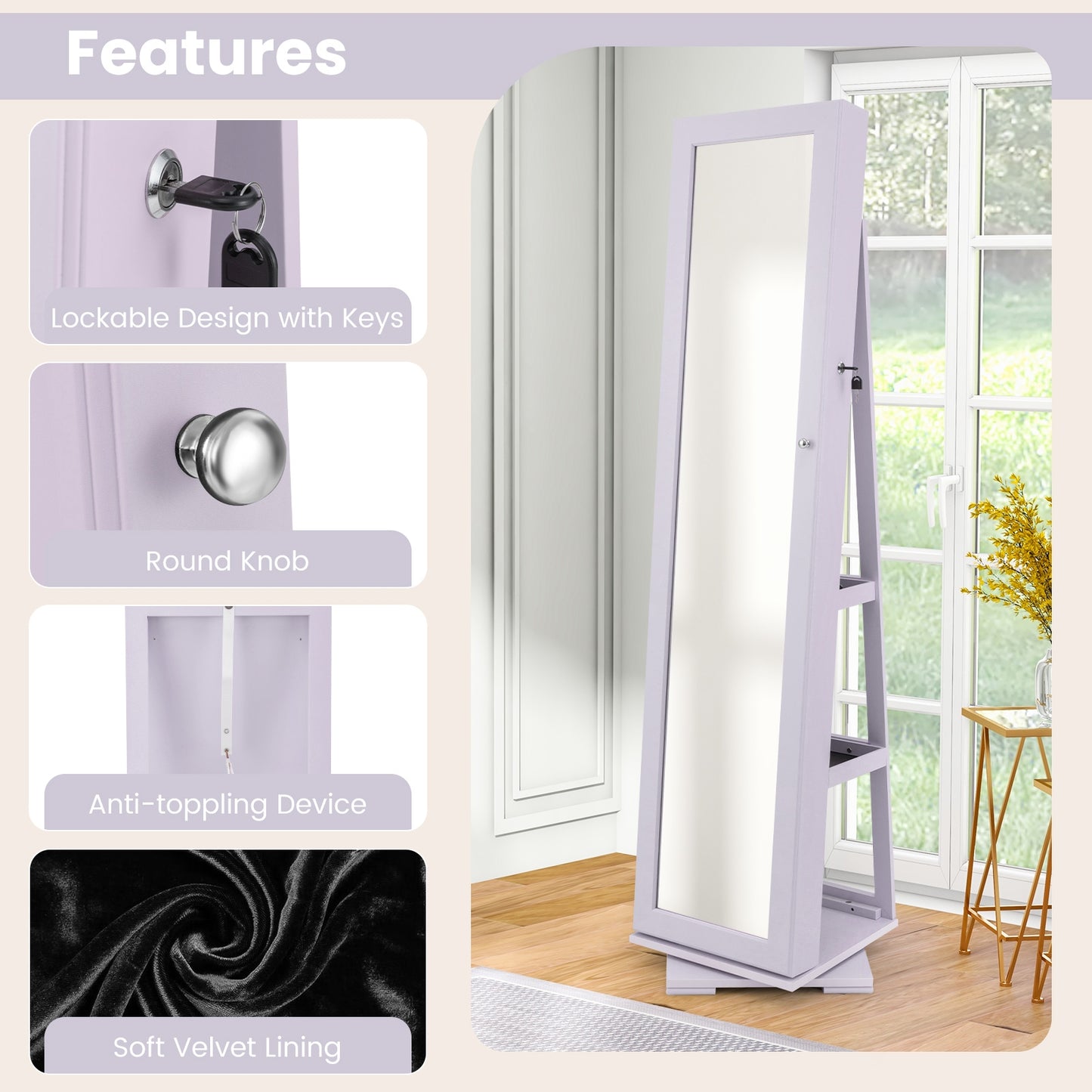 Rotatable 2-in-1 Lockable Jewelry Cabinet, Full-Length Mirror, Purple