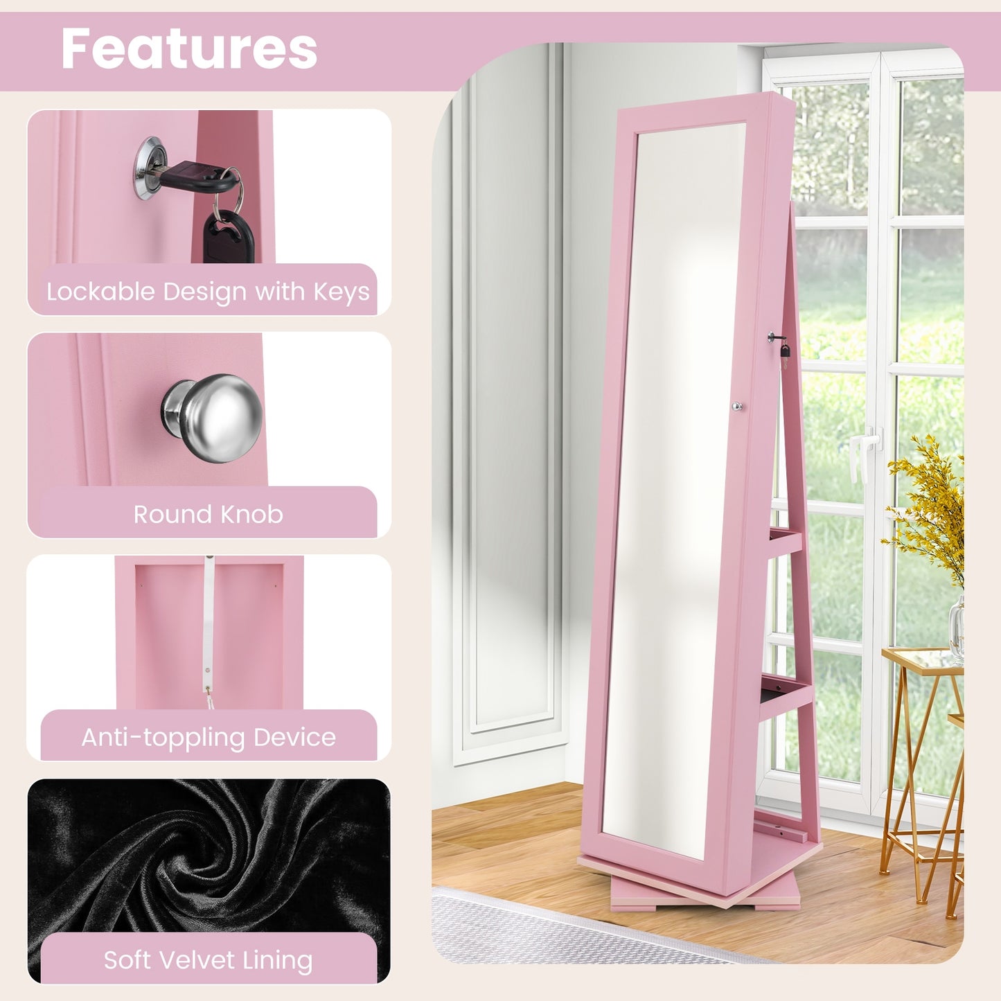 Rotatable 2-in-1 Lockable Jewelry Cabinet, Full-Length Mirror, Pink Jewelry Armoires at Gallery Canada